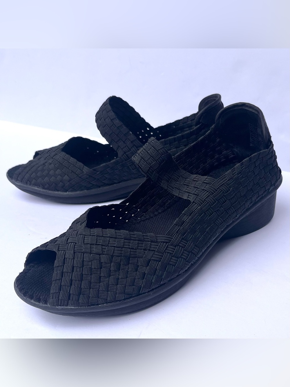 BM Bernie Mev Woven Wedge Sandal Mary Jane Black Comfort Shoe 38 US 7 Peep Toe